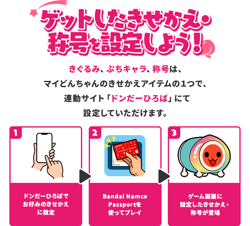 ゲットしたきせかえ・称号を設定しよう！ きぐるみ、ぷちキャラ、称号は、マイどんちゃんのきせかえアイテムの１つで、連動サイト「ドンだーひろば」にて設定していただけます。①ドンだーひろばでお好みのきせかえに設定 ②Bandai NamcoPassportを使ってプレイ ③ゲーム画面に設定したきせかえ・称号が登場